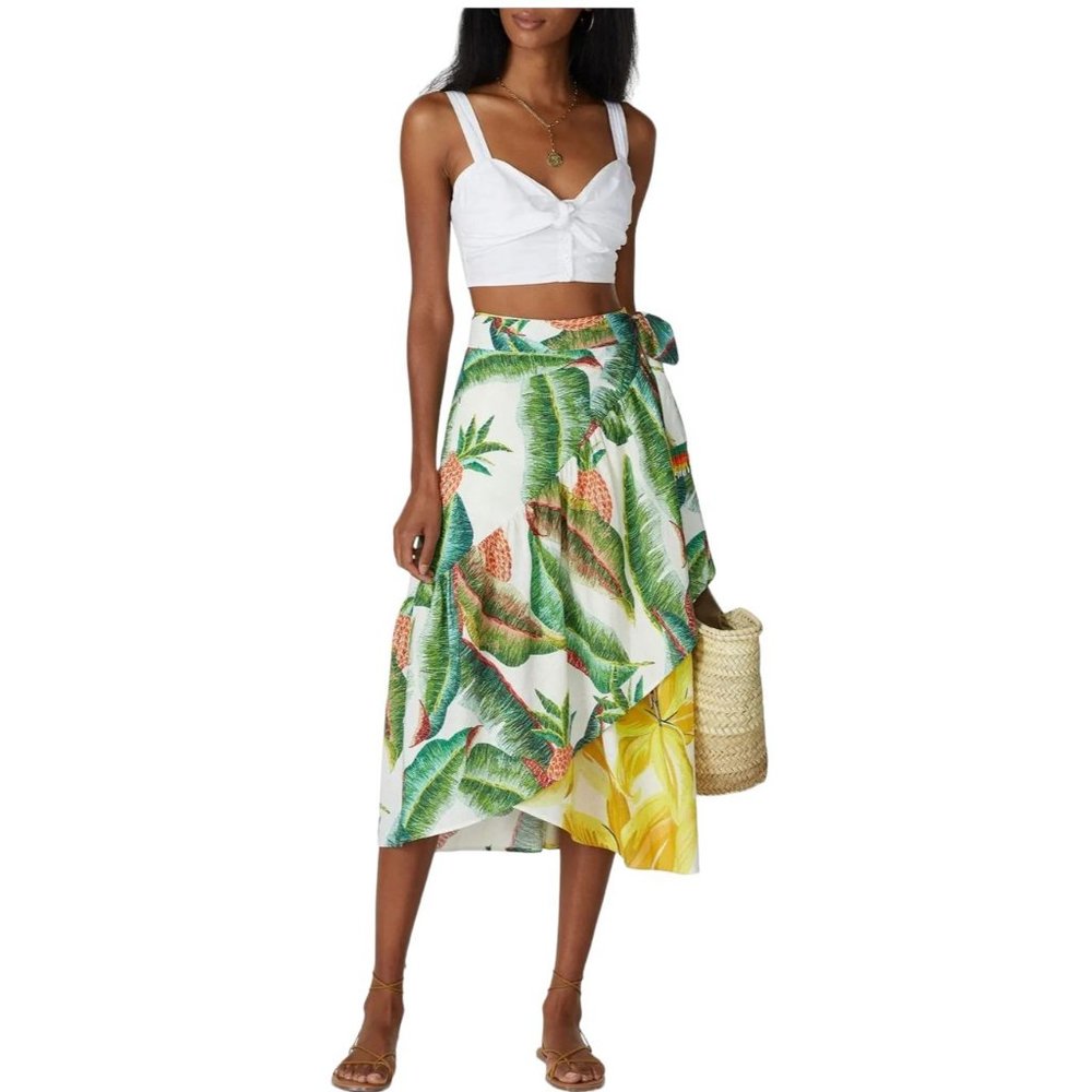 FARM Rio Azalea Forest Midi Wrap Skirt Women's Size M Beaded Tassel Tropical - Picture 1 of 11